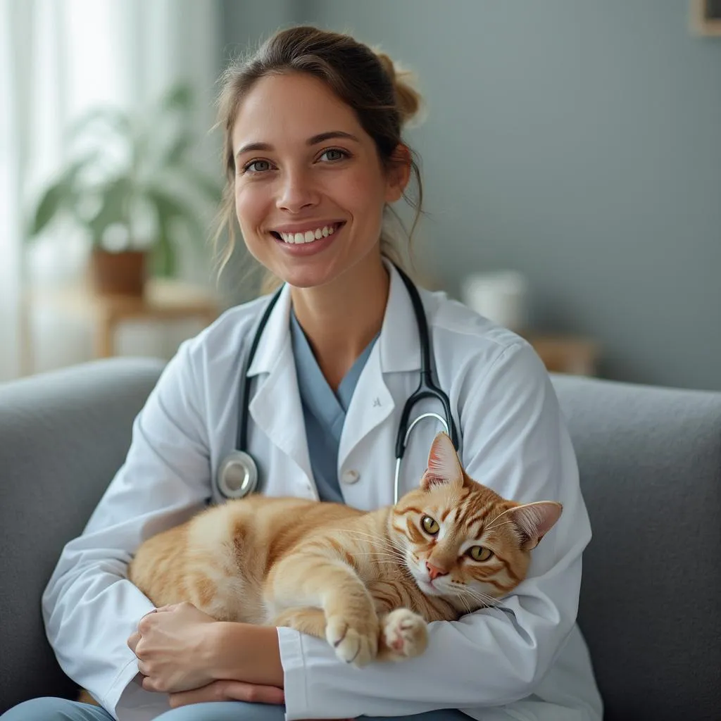 Veterinárka hladká mačku na pohovke